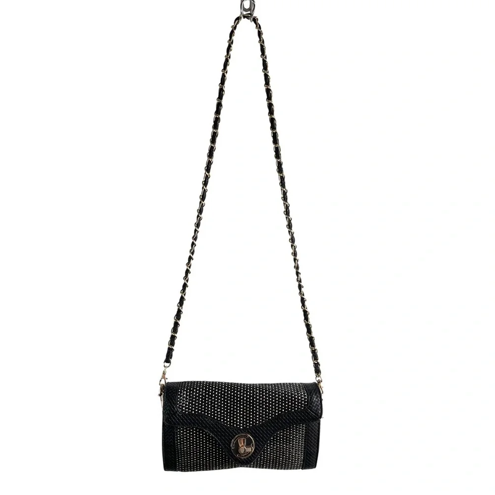 Urban Expressions Woven Vegan Black Leather and Straw Crossbody Wristlet Clutch